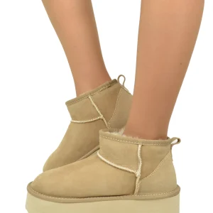 Stivali con Pelo in Vero Montone Platform Boots Beige