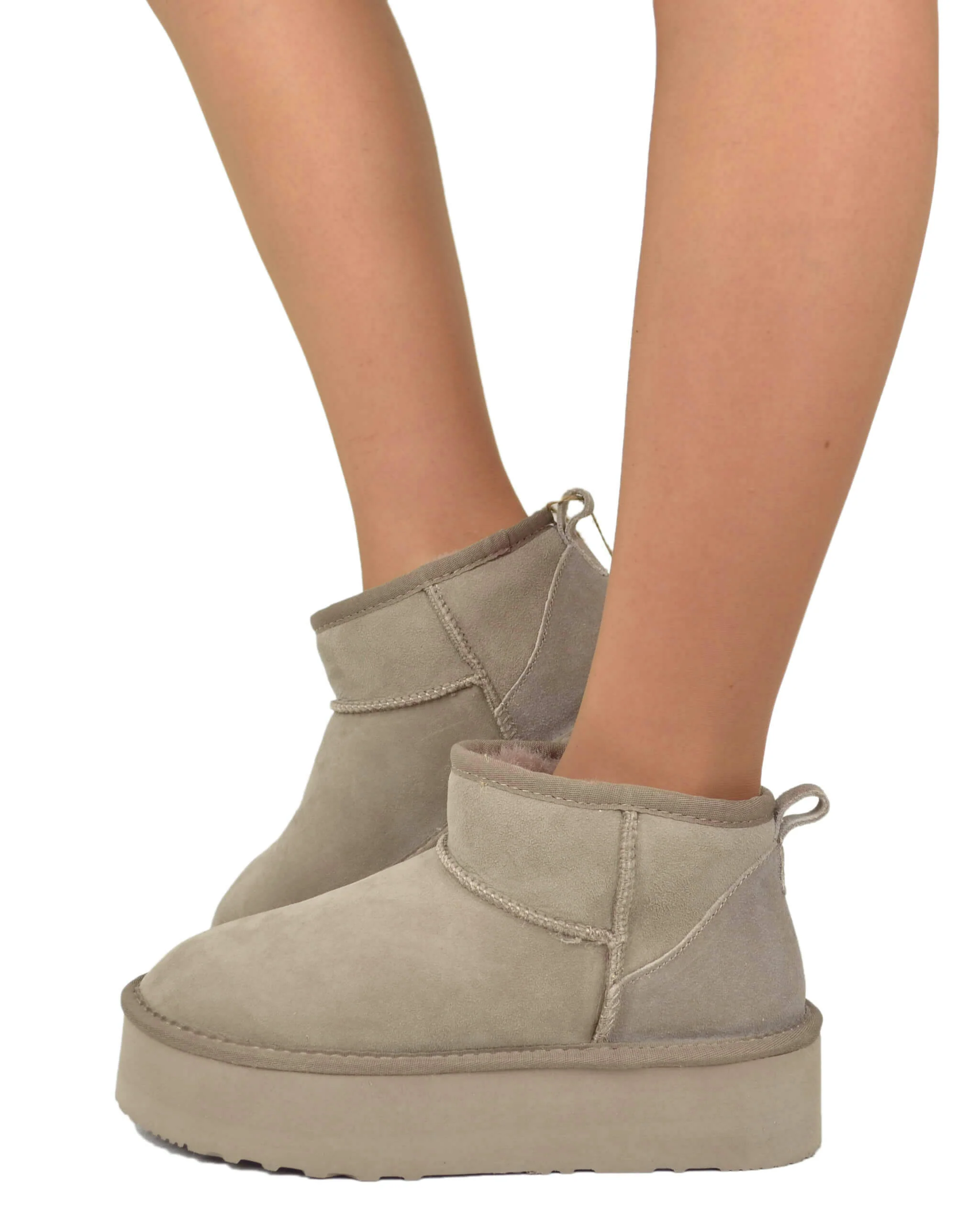 Stivali con Pelo in Vero Montone Platform Boots Taupe
