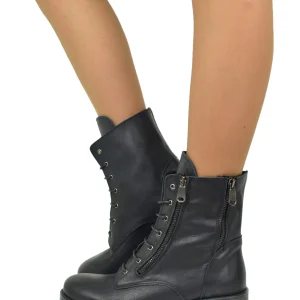 Scarponcini Stringati Anfibietti Paris Style Vera Pelle ingrassata Neri