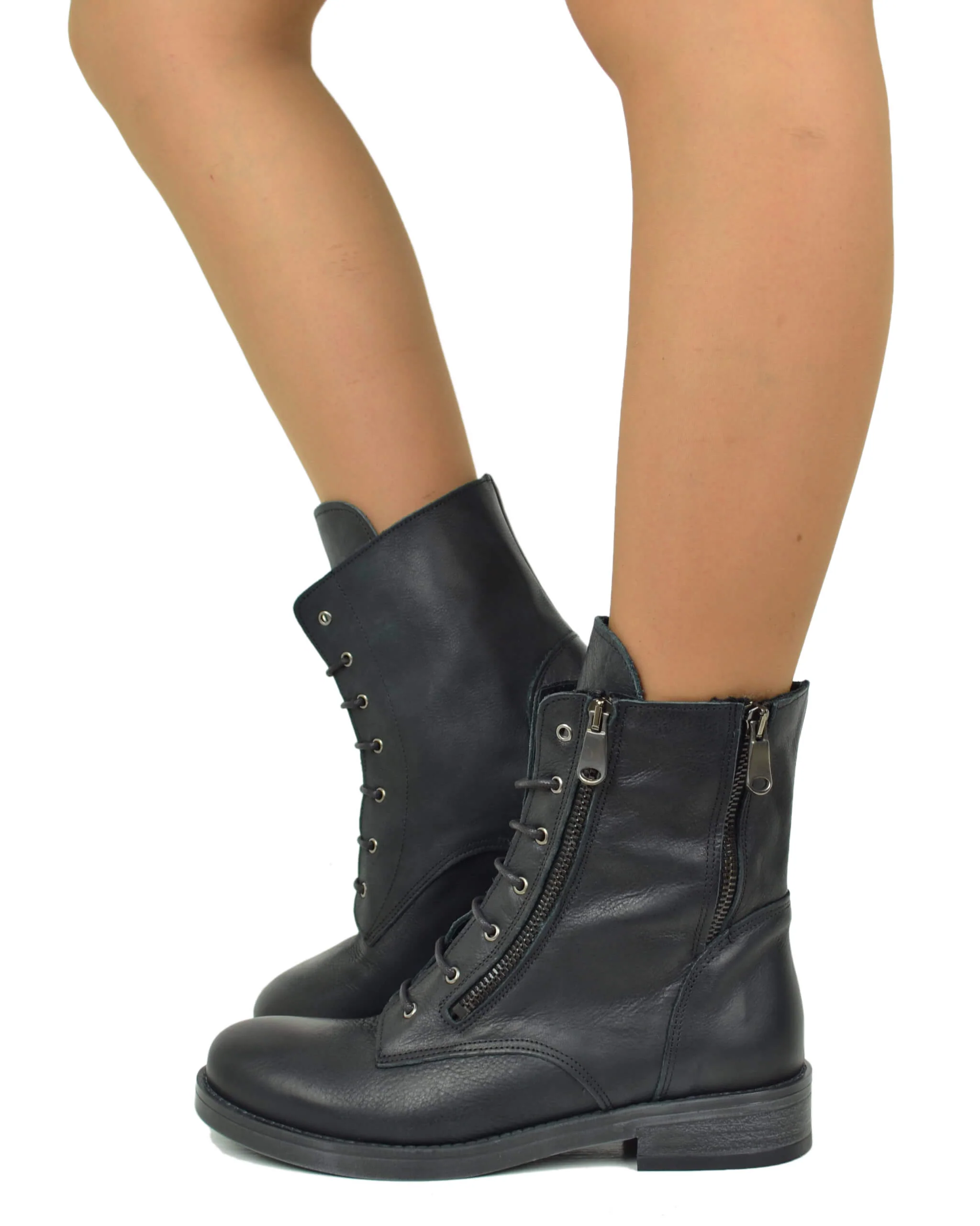 Scarponcini Stringati Anfibietti Paris Style Vera Pelle ingrassata Neri