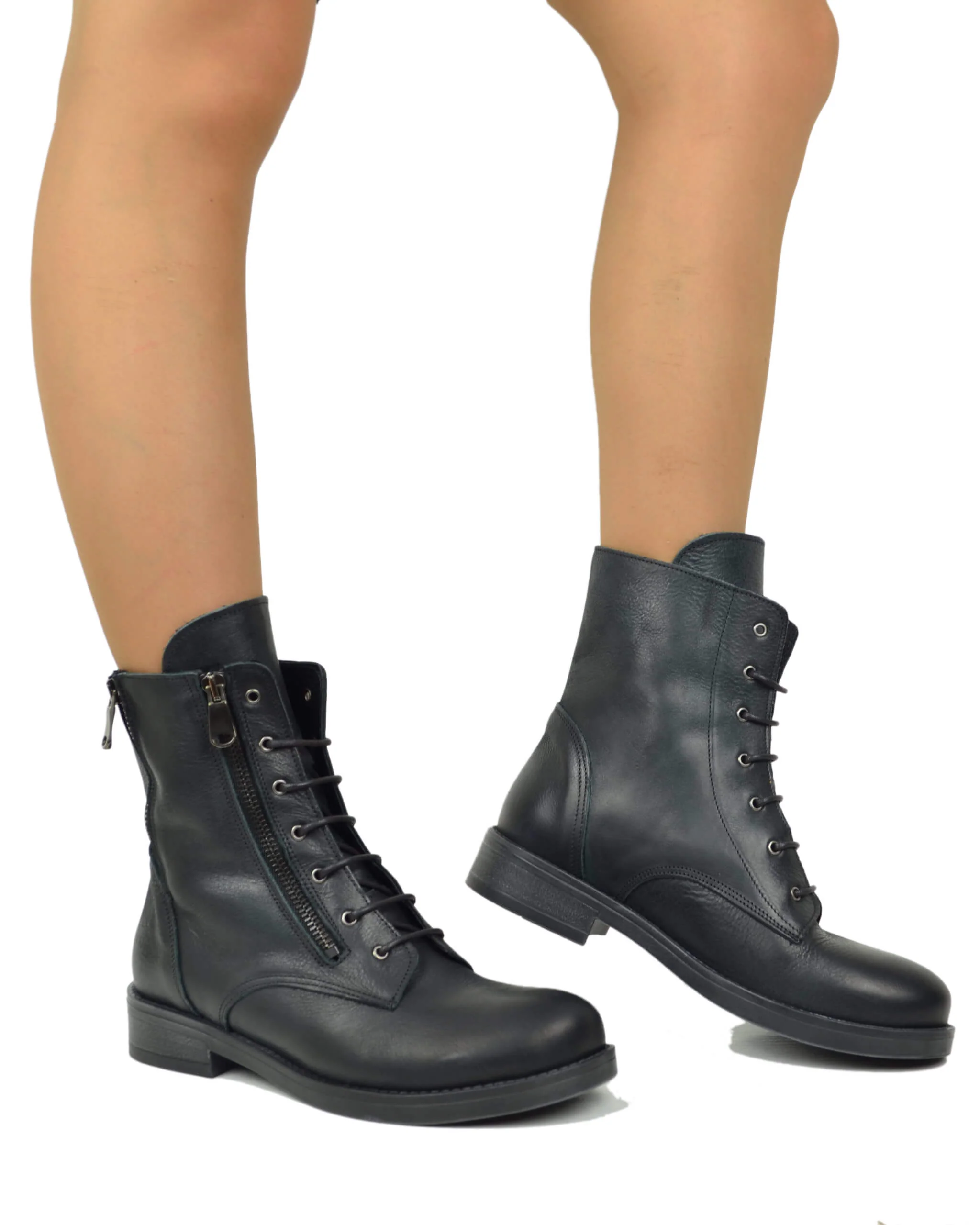 Scarponcini Stringati Anfibietti Paris Style Vera Pelle ingrassata Neri - immagine 3