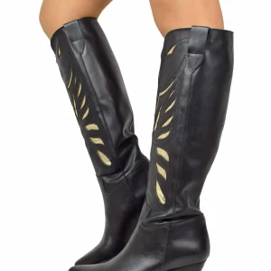 Texani con Intagli DIVINE FOLLIE a Farfalla Dorati Vera Pelle Neri Tacco 7 cm Gambale Alto