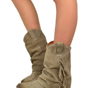 Texani Ghetta Traforati Frange Morbidi in Pelle Scamosciata Taupe