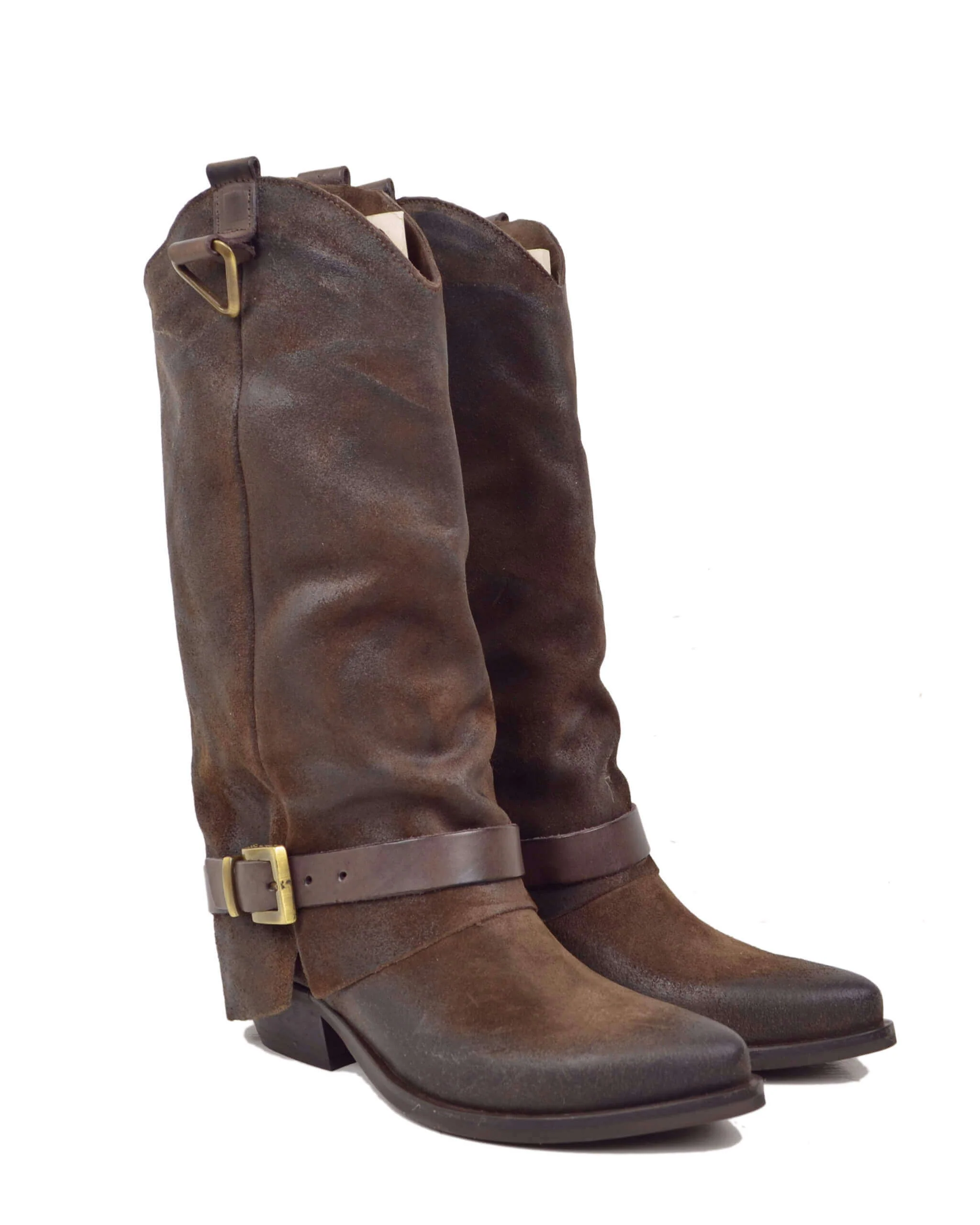 Stivali con Ghetta Pelle Scamosciata Marrone con Fibbie Bronzo Cowboy - immagine 3