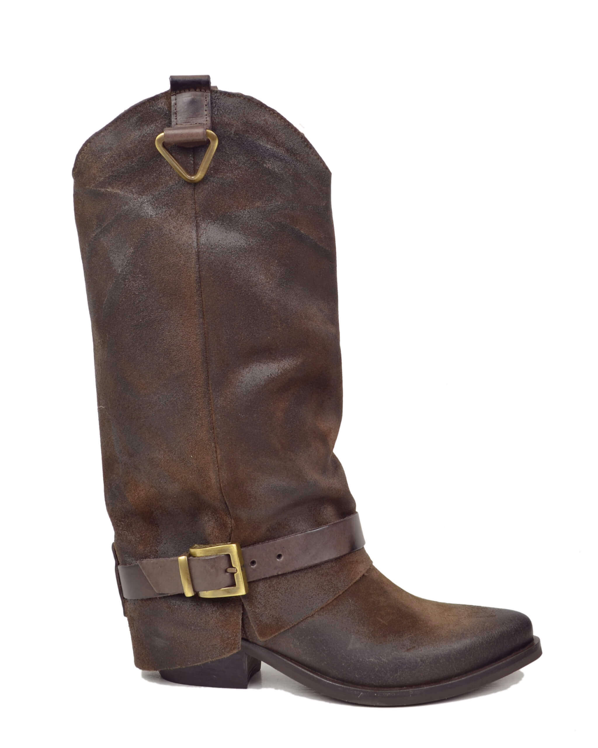 Stivali con Ghetta Pelle Scamosciata Marrone con Fibbie Bronzo Cowboy - immagine 7