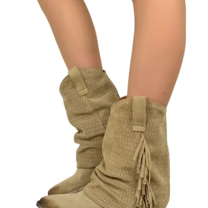 Texani Ghetta Traforati Frange Morbidi in Pelle Scamosciata Sabbia