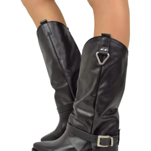 Stivali con Ghetta Vera Pelle Nera con Fibbie Argentate Cowboy