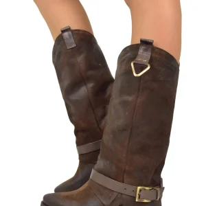 Stivali con Ghetta Pelle Scamosciata Marrone con Fibbie Bronzo Cowboy