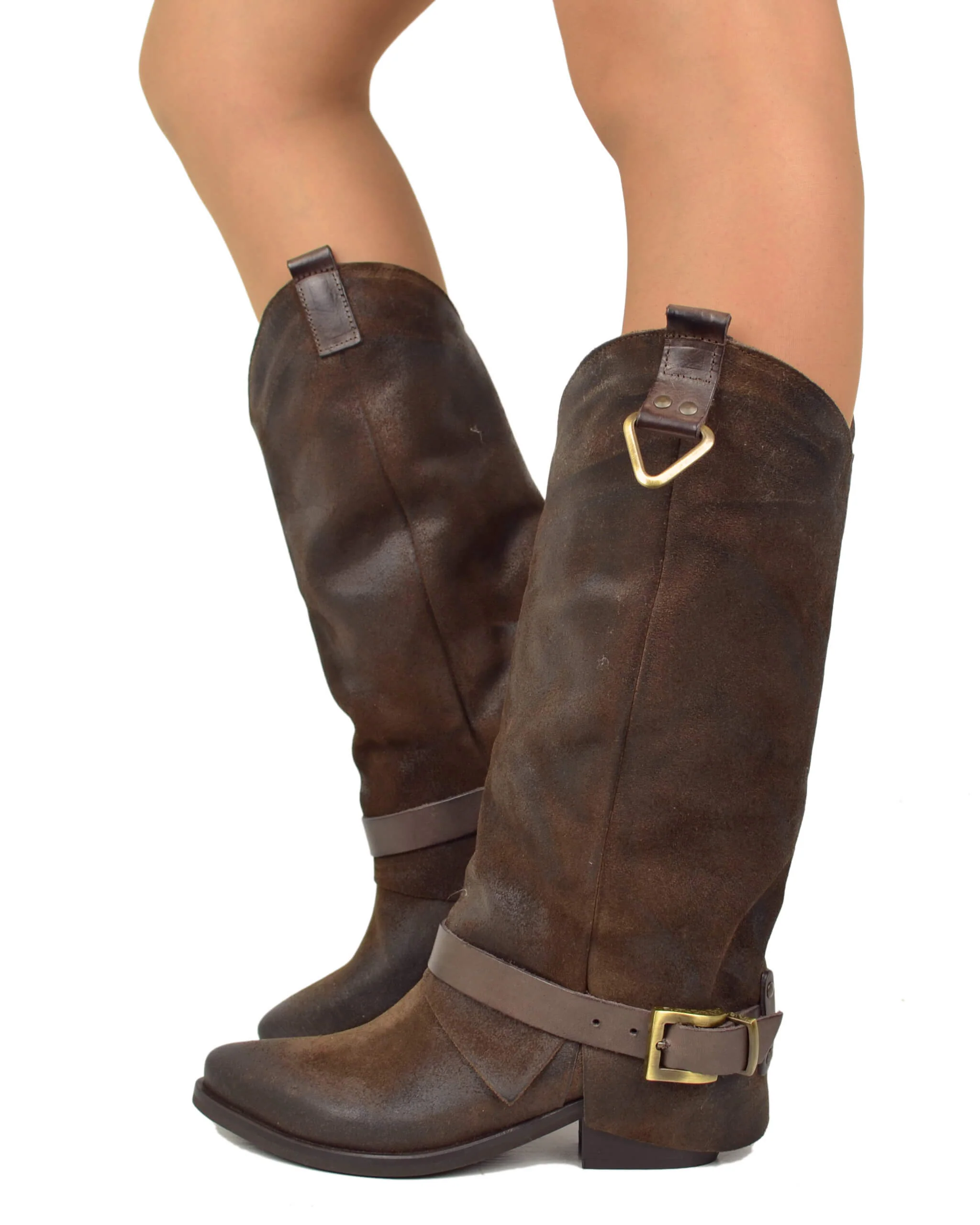 Stivali con Ghetta Pelle Scamosciata Marrone con Fibbie Bronzo Cowboy - immagine 2