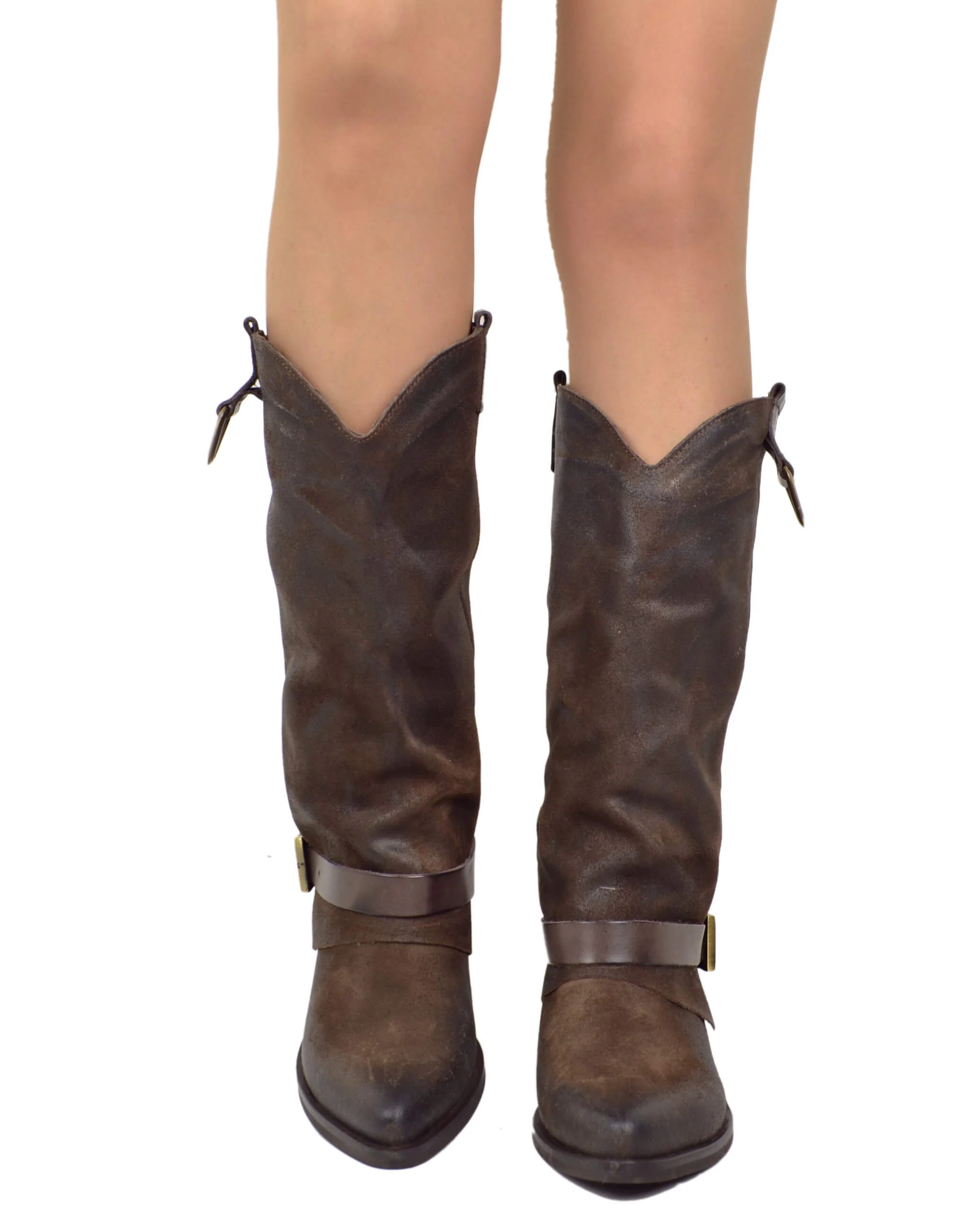 Stivali con Ghetta Pelle Scamosciata Marrone con Fibbie Bronzo Cowboy - immagine 4