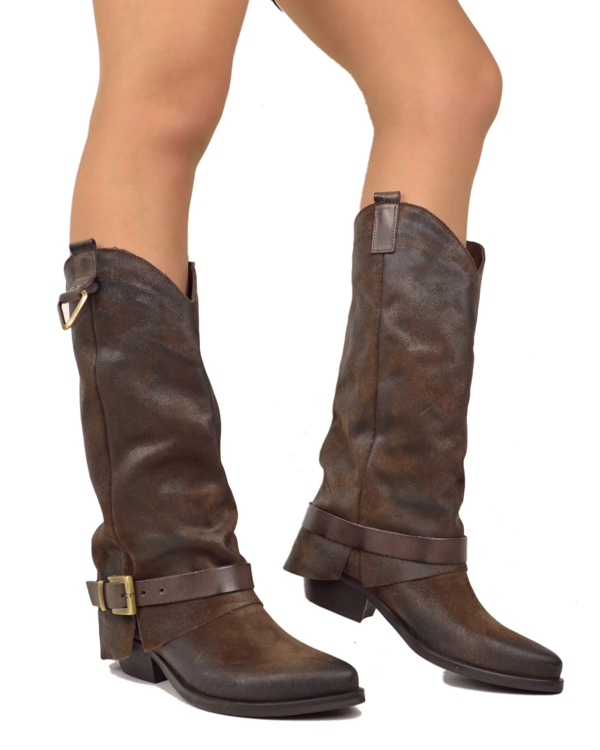 Stivali con Ghetta Pelle Scamosciata Marrone con Fibbie Bronzo Cowboy - immagine 5