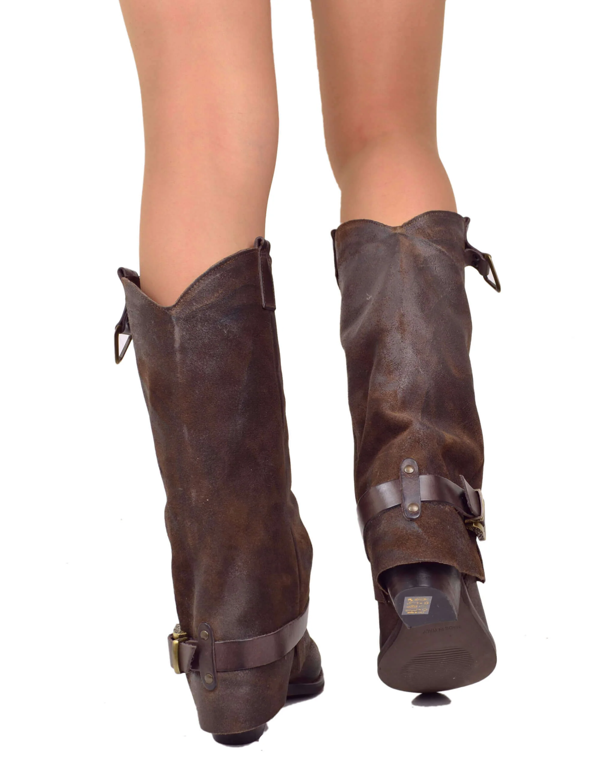 Stivali con Ghetta Pelle Scamosciata Marrone con Fibbie Bronzo Cowboy - immagine 6