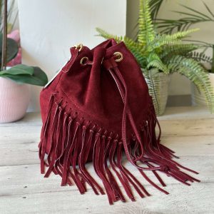 Borsa a Secchiello con Frange Bordeaux in Pelle Scamosciata KIKKIBAGS EVA