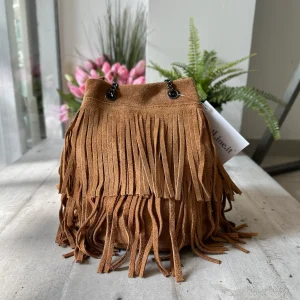 Borsa a Secchiello con Frange Cuoio in Pelle Scamosciata