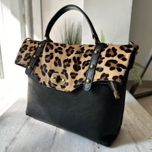 Borsa Grande Nera Vera Pelle Cavallino Leopardato Tracolla a Mano - RITA