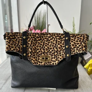 Borsa Grande Nera Vera Pelle Cavallino Ghepardata Tracolla a Mano - RITA