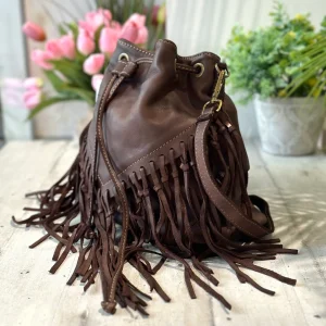 Borsa a Secchiello con Frange Testa di Moro in Pelle Nabuk Vintage