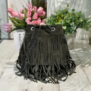 Borsa a Secchiello con Frange Verde in Pelle Scamosciata