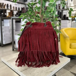 Borsa a Secchiello con Frange Bordeaux in Pelle Scamosciata