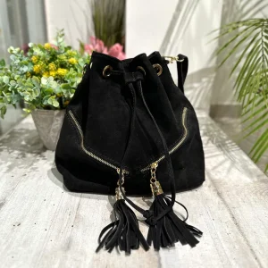 Borsa a Secchiello con Nappine Nero in Pelle Scamosciata Doppia Zip