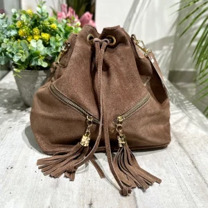 Borsa a Secchiello con Nappine Taupe in Pelle Scamosciata Doppia Zip