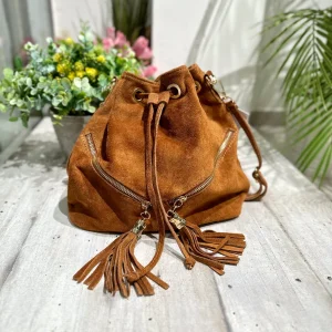 Borsa a Secchiello con Nappine Cuoio in Pelle Scamosciata Doppia Zip