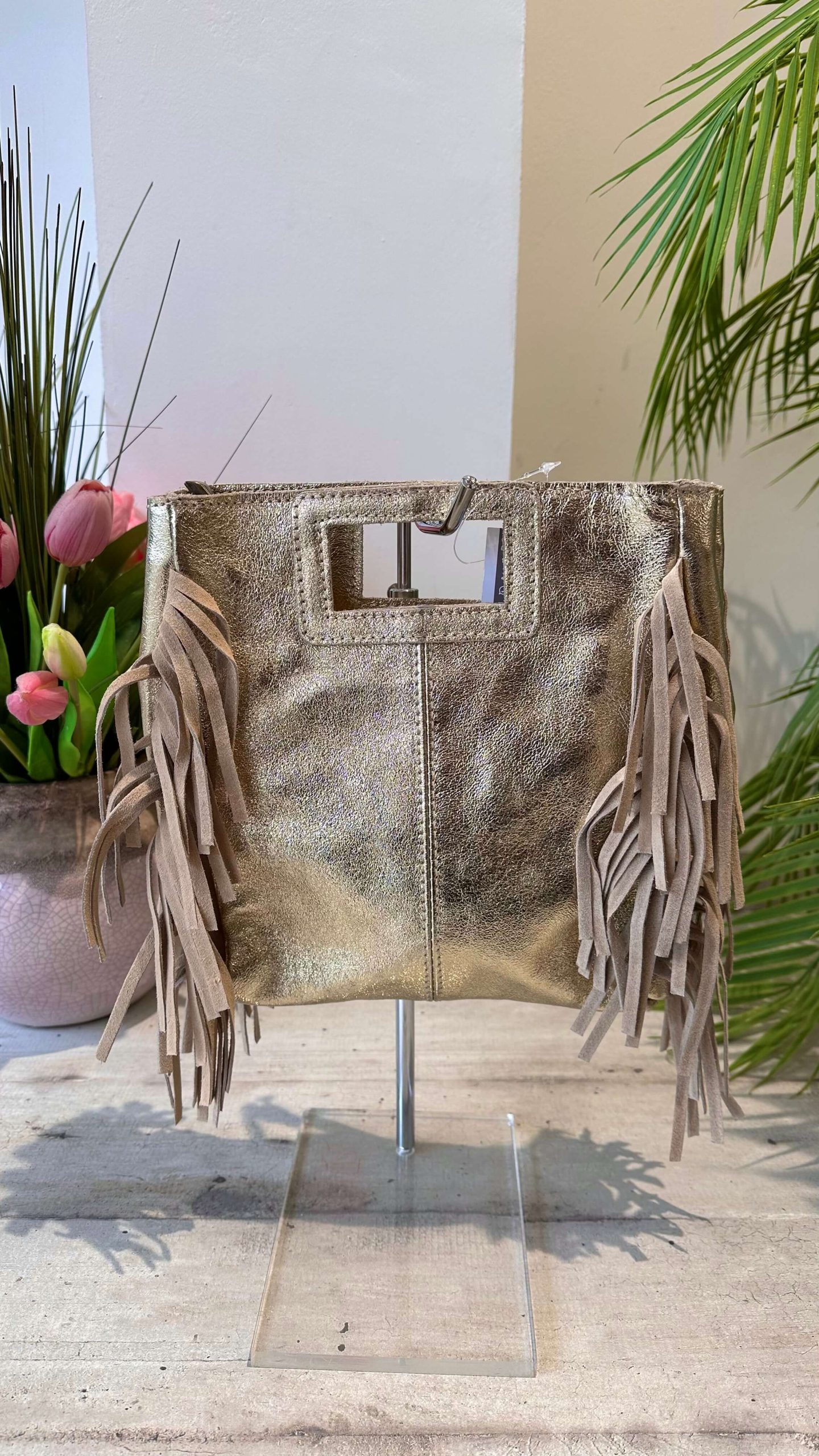 Borsettina a Mano Quadrata Vera Pelle Platino con Tracolla Interna