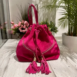 Borsa a Secchiello con Nappine Fuxia in Pelle Scamosciata Doppia Zip