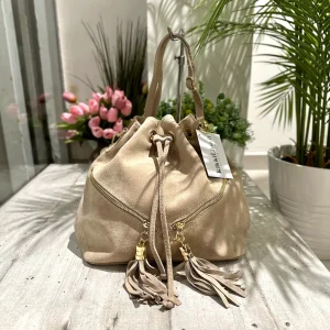 Borsa a Secchiello con Nappine Beige in Pelle Scamosciata Doppia Zip