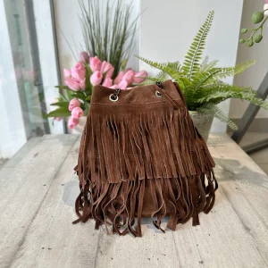 Borsa a Secchiello con Frange Cioccolato in Pelle Scamosciata Tracolla Catena