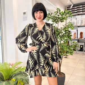 Abito Zigrinato Beige e Nero a Portafoglio "Chloe" Maniche Lunghe