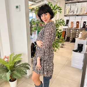 Abito Fiorellini Elastico in Vita Blu e Rosa Manica Tre Quarti Volant LIUK