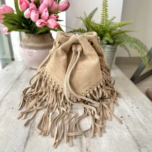 Borsa a Secchiello con Frange Beige in Pelle Scamosciata KIKKIBAGS EVA