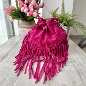 Borsa a Secchiello con Frange Fuxia in Pelle Scamosciata KIKKIBAGS EVA