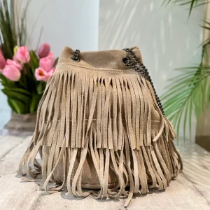 Borsa a Secchiello con Frange Beige in Pelle Scamosciata