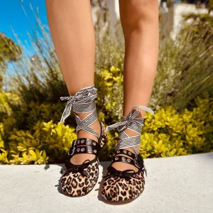 Ballerine Schiava DIVINE FOLLIE color Leopardato in Tessuto Satin e  Nappa Punta Quadrata