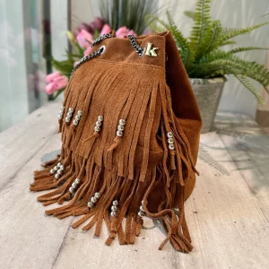 Borsa a Secchiello con Perline Frange Cuoio Scamosciata KikkiLine LIMITED EDITION