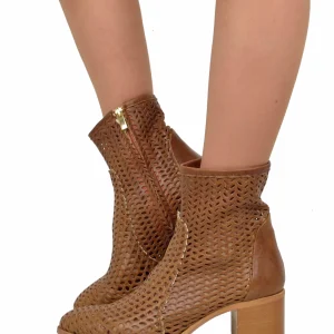 Stivaletti Donna Tacco Medio Cuoio Traforati con Zip Made in Italy