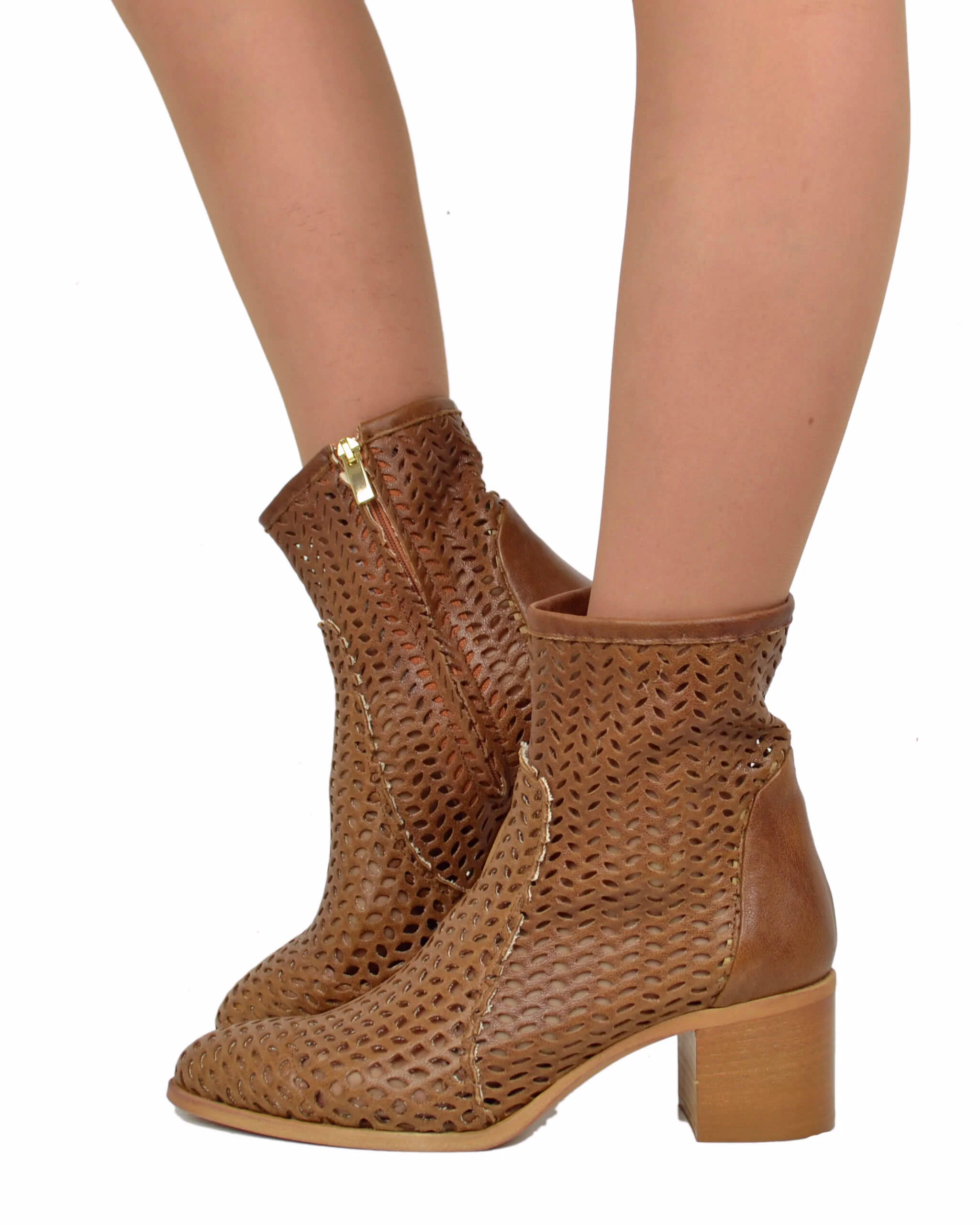 Stivaletti Donna Tacco Medio Cuoio Traforati con Zip Made in Italy - immagine 2