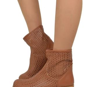 Stivaletti Donna Traforati alla Caviglia in Pelle Made in Italy Cuoio