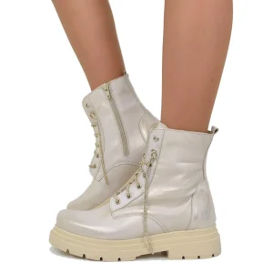 Stivaletti Biker Platino con Strass e Zip Laterale Made in Italy