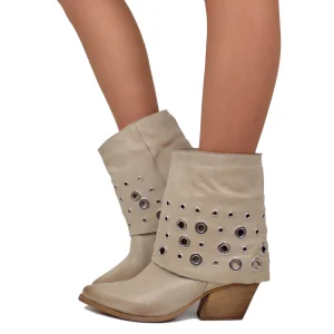 Stivaletti con Ghetta e Borchie Argentate alla Caviglia Vera Pelle Rag Panna Tacco 7 cm