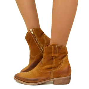 Stivaletti Donna Texani in Pelle Scamosciata Cuoio Made in Italy