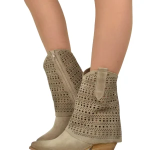 Texani con Ghetta Traforata Tacco 6 cm Pelle Scamosciata Taupe