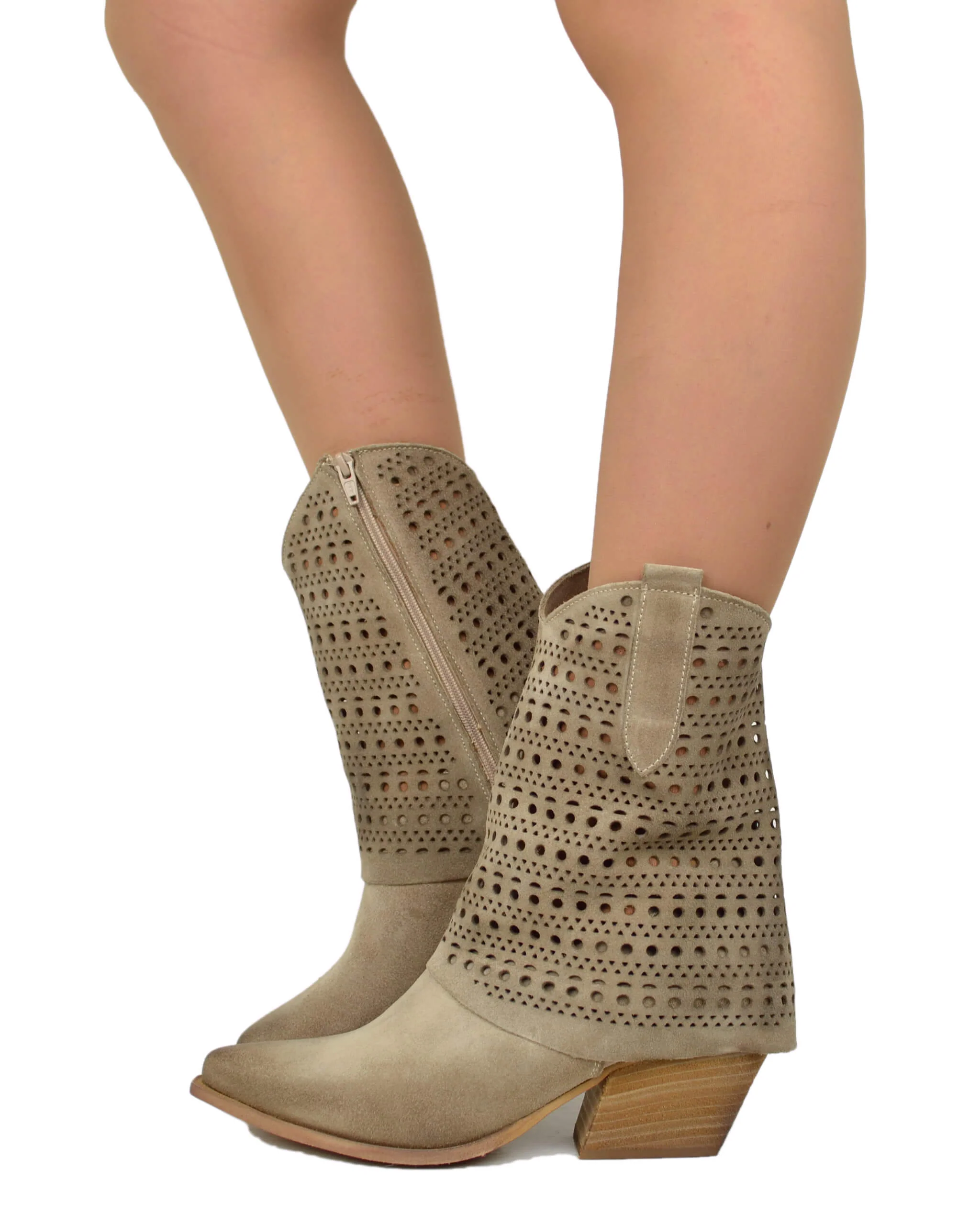 Texani con Ghetta Traforata Tacco 6 cm Pelle Scamosciata Taupe - immagine 2