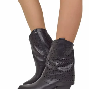 Texani con Ghetta Traforata Tacco 6 cm Vera Pelle Nera DIVINE FOLLIE