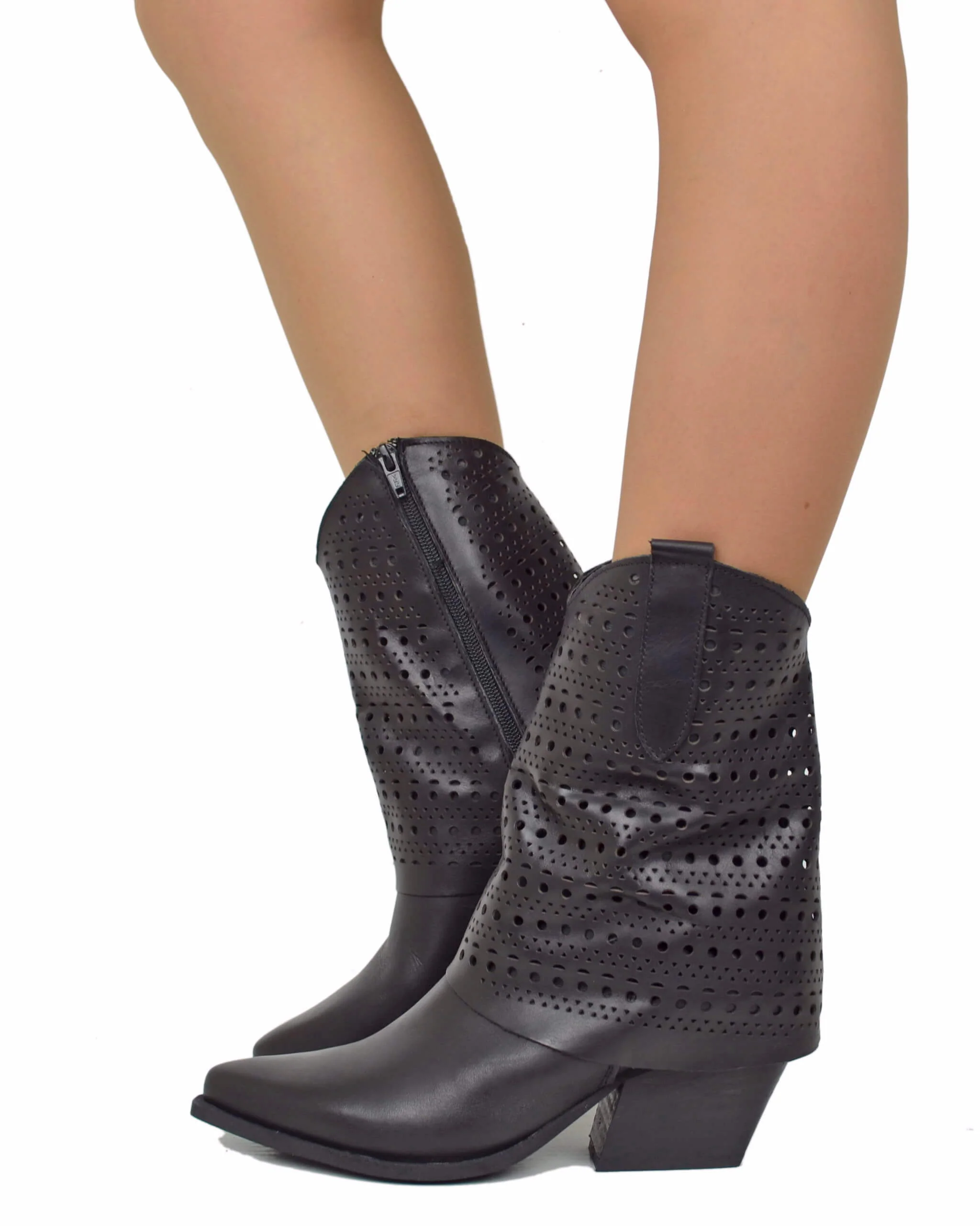 Texani con Ghetta Traforata Tacco 6 cm Vera Pelle Nera DIVINE FOLLIE - immagine 2