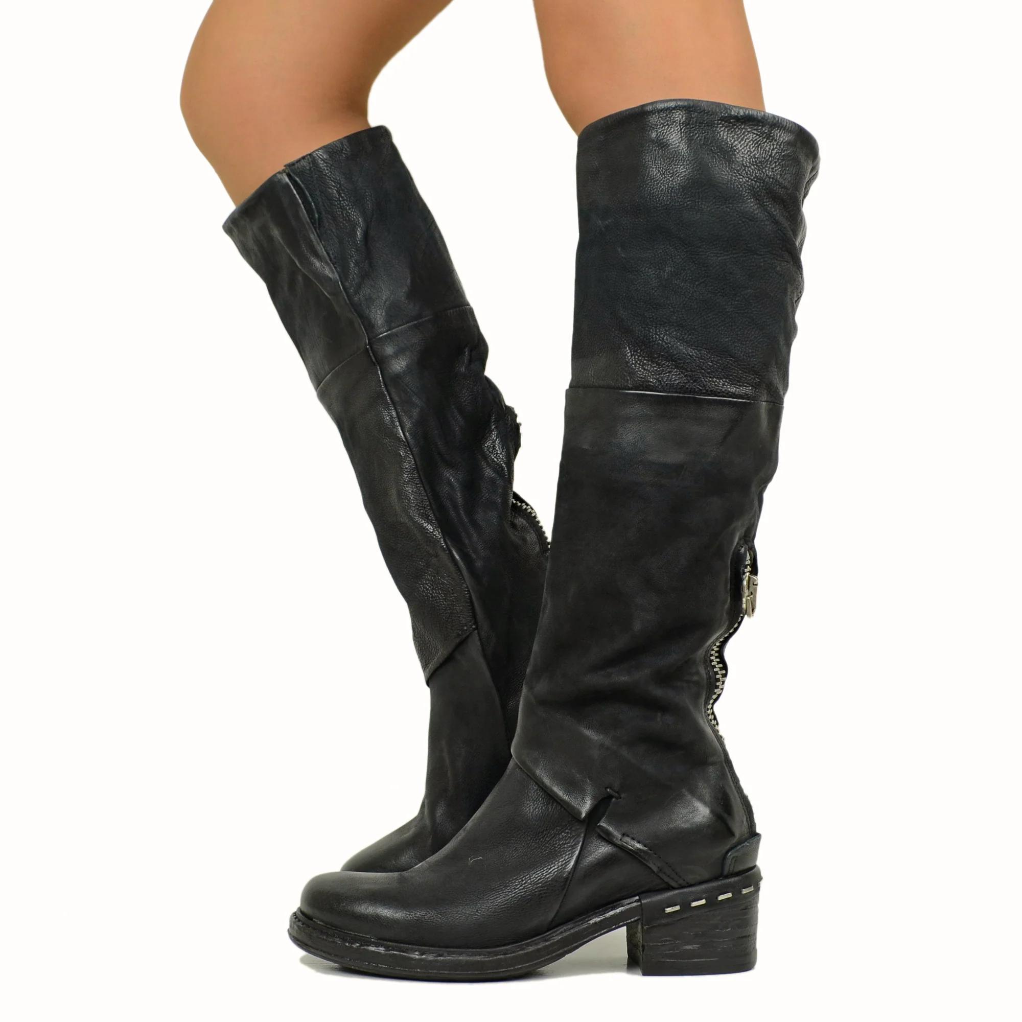Stivali Biker Donna Alti in Pelle Neri A.S.98 con Zip - immagine 2