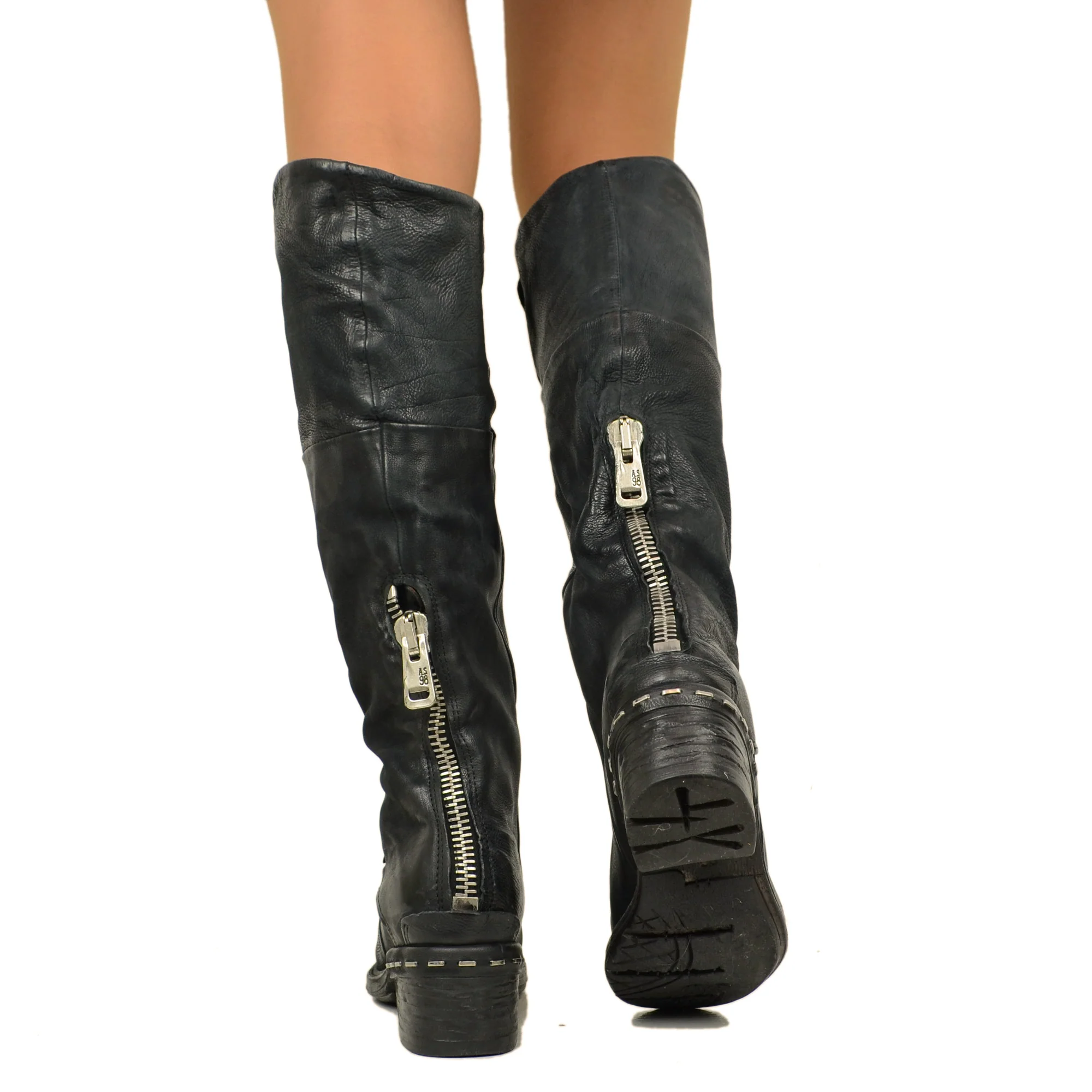 Stivali Biker Donna Alti in Pelle Neri A.S.98 con Zip - immagine 6