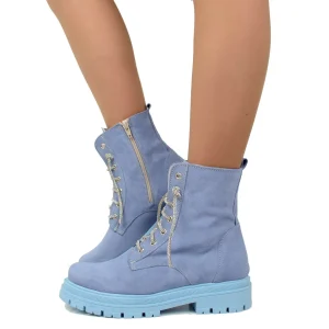 Stivaletti Donna Biker con Strass in Pelle Scamosciata Celeste